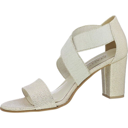 Złote sandały damskie na obcasie wsuwane z zakrytą piętą Azali - Produkt Polski