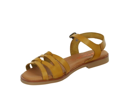 Hiszpańskie płaskie skórzane sandały musztardowe na cienkich paskach El Pimpi