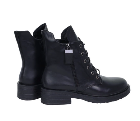 Czarne klasyczne botki damskie skórzane na zamek i sznurowadła Jezzi