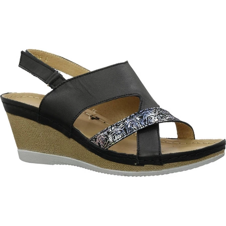 Sandały damskie czarne na koturnie komfortowe i skórzane Helios