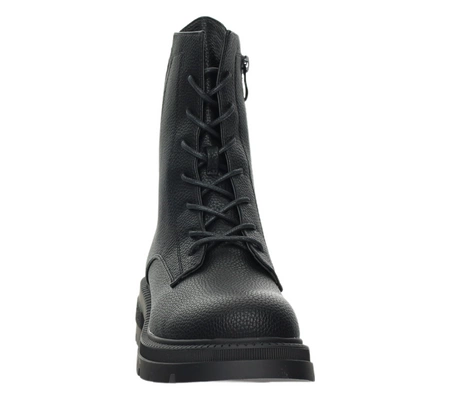 Czarne buty zimowe damskie na płaskiej grubej podeszwie na zamek i sznurowadła Jezzi