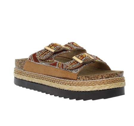 Kolorowe klapki damskie na podeszwie korkowej z koralikami