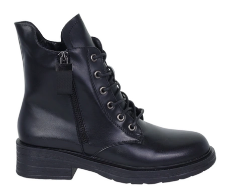 Czarne klasyczne botki damskie skórzane na zamek i sznurowadła Jezzi