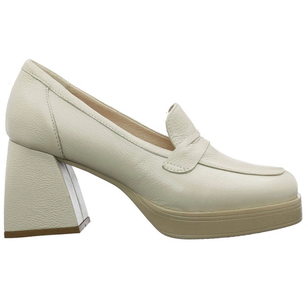 Skórzane półbuty damskie lordsy beżowe mokasyny na klocku Filipczyk