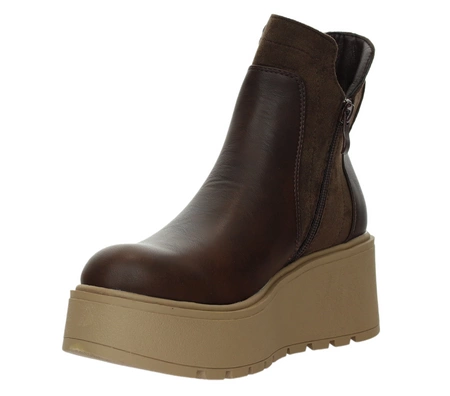 Brązowe botki zimowe czekoladowe na koturnie i platformie ocieplane Jezzi