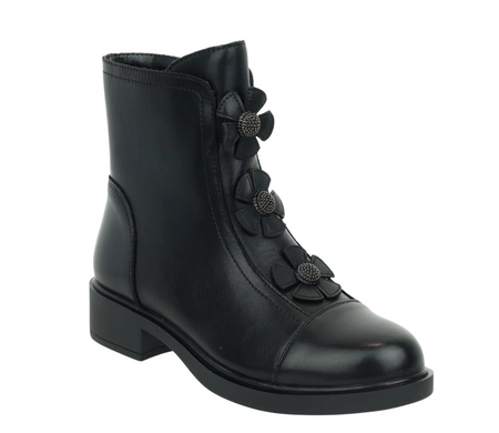 Czarne skórzane botki damskie ocieplane na zamek z ozdobnymi kwiatkami z przodu Jezzi