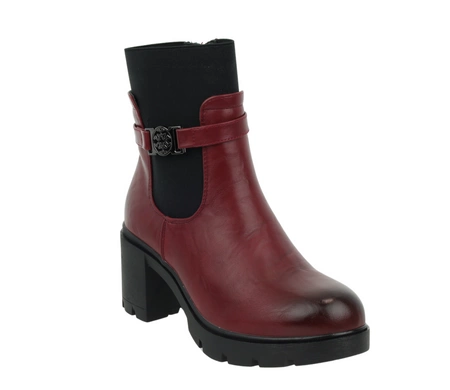 Czerwono-czarne botki zimowe na klocku i platformie Jezzi