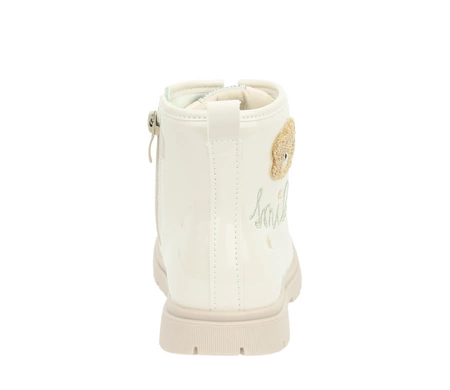 Beżowe lakierowane botki dziecięce jesienne ocieplane z Misiem