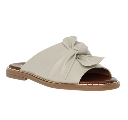 Beżowe eleganckie klapki damskie płaskie z kokardą Jezzi