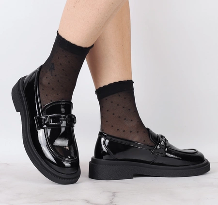 Skórzane lakierowane półbuty damskie czarne lordsy garniturowe Jezzi