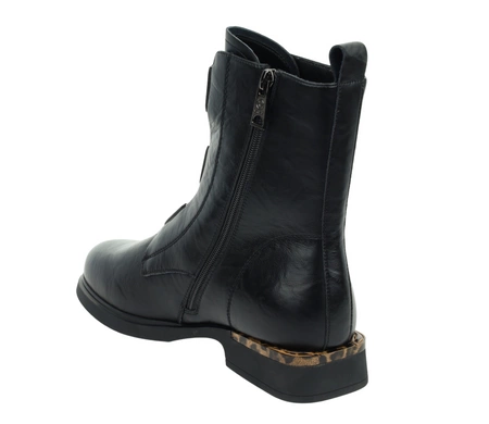 Czarne botki damskie płaskie ze skóry naturalnej z elementami panterki VINCEZA