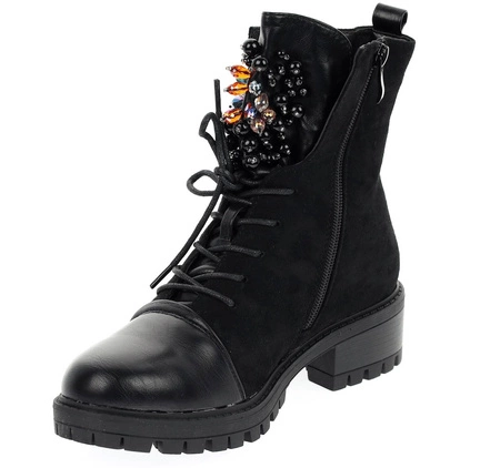 Botki damskie czarne modne traperki płaskie komfortowe Jezzi