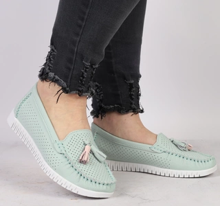 Mokasyny damskie skórzane zielone pastelowe dziurkowane  Jezzi