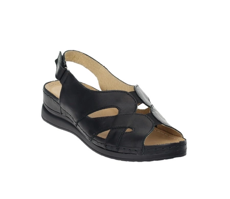 Czarne sandały damskie komfortowe ze skóry naturalnej szyte na rzep Helios