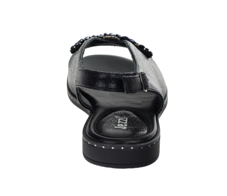 Czarne eleganckie sandały damskie płaskie z biżuterią Jezzi