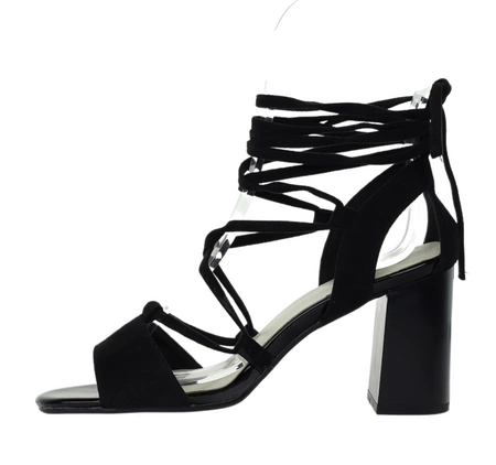 Seksowne czarne sandały damskie na obcasie sznurowane i wiązane na kostce Jezzi