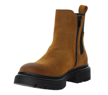 Karmelowe/rude botki płaskie ocieplane na zamek Jezzi