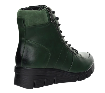 Ciemnozielone trzewiki damskie ocieplane na koturnie Jezzi
