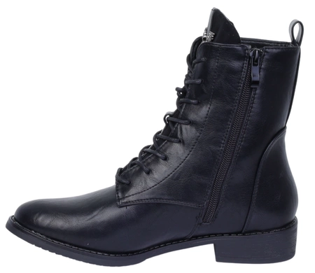 Czarne klasyczne botki damskie ocieplane na zamek i sznurowadła na płaskim obcasie Jezzi